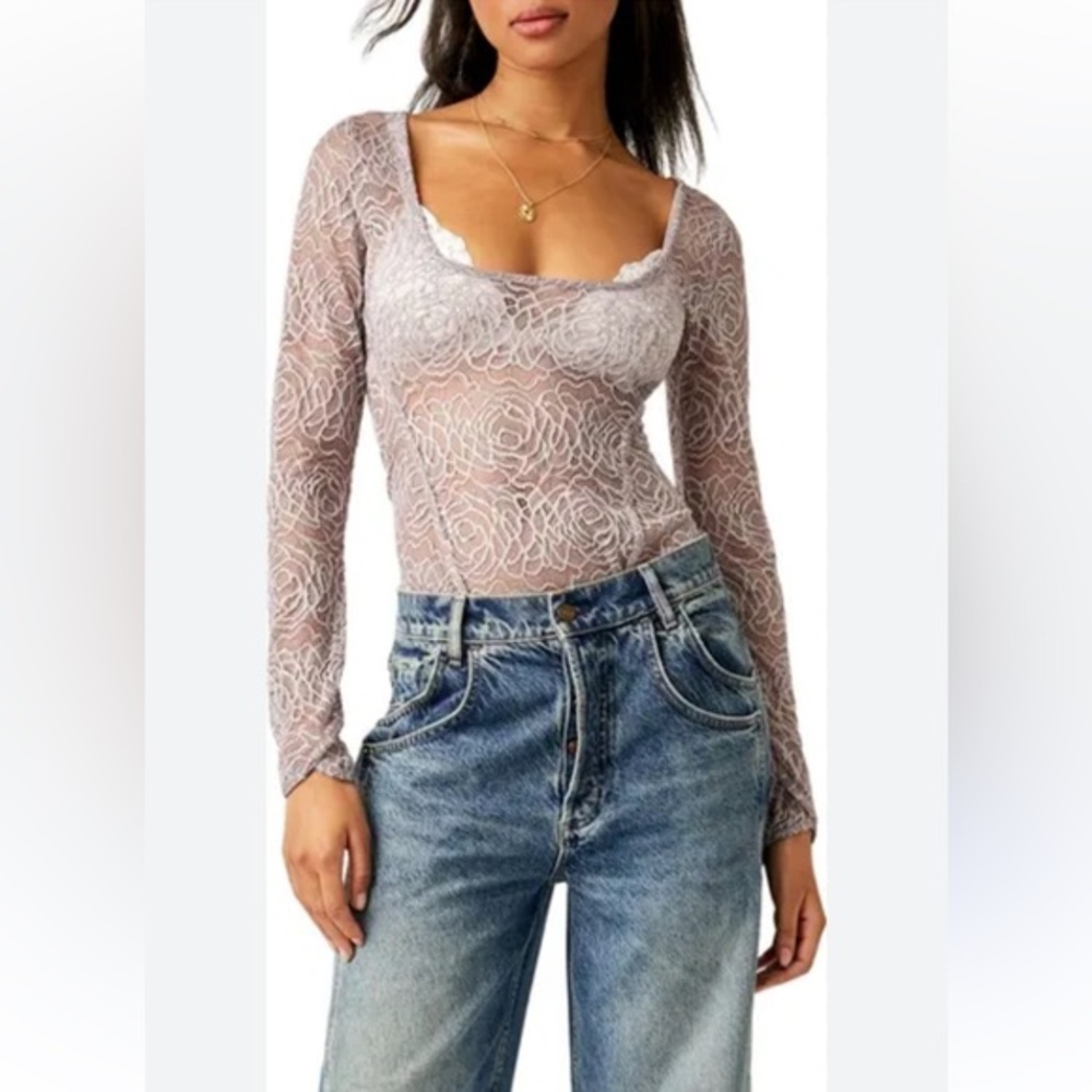 NWT Free People Lace Bodysuit S Sheer Long Sleeve Scoop Neck Floral Gray Lilac